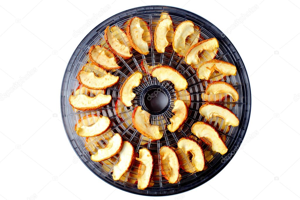 Grid for home drying of fruits and vegetables with dried apples, white background, close-up, flat lay.