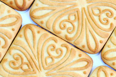 Desen, arka plan olarak ev yapımı kurabiyelerin yüzeyi, yakın plan, kopyalama alanı, düz alan.