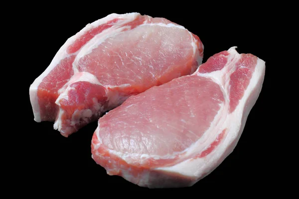 Gros Morceaux Steak Porc Cru Gros Plan Fond Noir Isoler — Photo