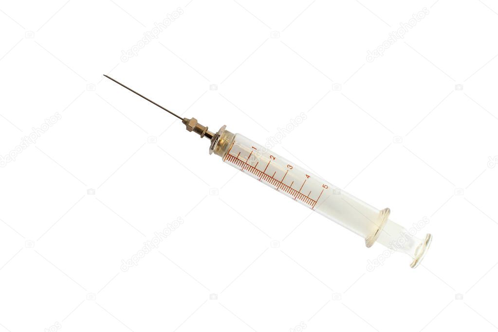 Reusable glass syringe for injection, white background, close-up, top view.