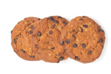 Çikolata parçacıklı ev yapımı yulaf ezmeli kurabiyeler, yakın plan, beyaz arka plan, üst manzara, düz yatak, izole etme.