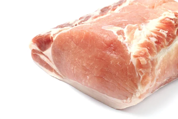 Ein Großes Stück Rohes Schweinefleisch Nahaufnahme Auf Weißem Hintergrund Isolieren — Stockfoto