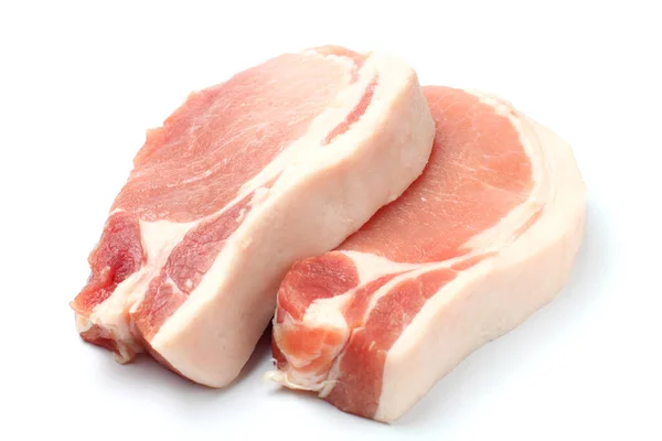 Gros Morceaux Steak Porc Cru Gros Plan Fond Blanc Isoler — Photo