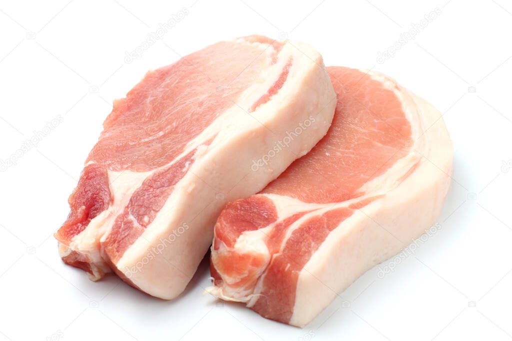Large pieces of raw pork steak, close-up, white background, isolate.