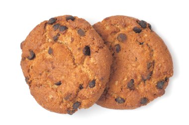 Çikolata parçacıklı ev yapımı yulaf ezmeli kurabiyeler, yakın plan, beyaz arka plan, üst manzara, düz yatak, izole etme.