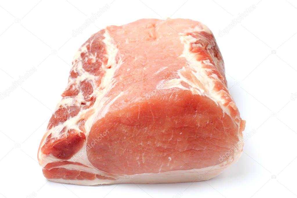 A large piece of raw pork meat closeup on a white background, isolate.