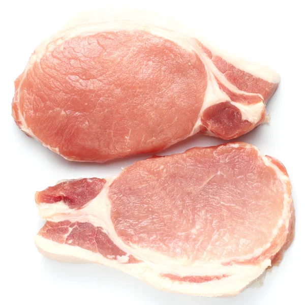 Rauwe Varkensvlees Steak Close Een Witte Achtergrond Bovenaanzicht Plat Gelegd — Stockfoto