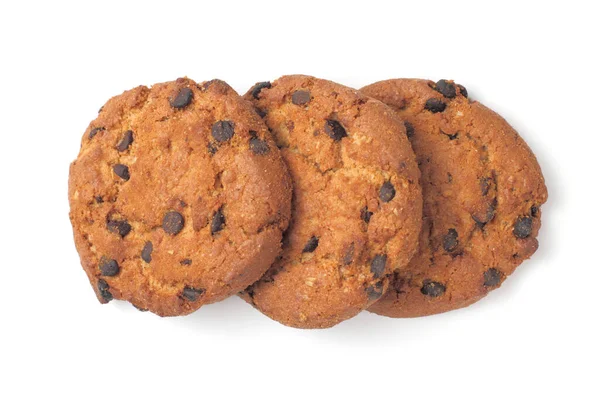 Çikolata parçacıklı ev yapımı yulaf ezmeli kurabiyeler, yakın plan, beyaz arka plan, üst manzara, düz yatak, izole etme.