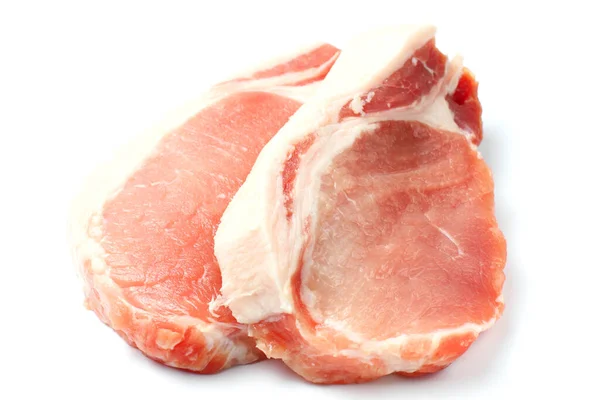 Rohes Schweinefleischsteak Großaufnahme Auf Weißem Hintergrund Draufsicht Flache Lage Isolieren — Stockfoto