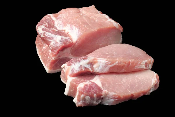 Cijfers Van Rauwe Varkenssteak Close Zwarte Achtergrond Kopieerruimte Isoleren — Stockfoto