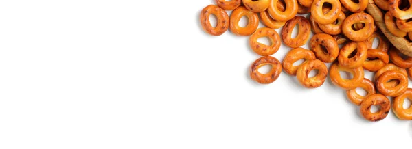 Mini Bagel Fehér Háttérrel Közelkép Sör Snack Izolátum Széles Banner — Stock Fotó