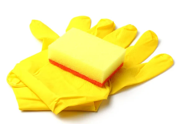 Handschuhe Und Küchenschwamm Nahaufnahme Weißer Hintergrund Sauberkeitskonzept Der Küche — Stockfoto