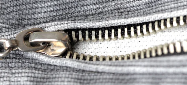 Zipper Gray Denim Close Wide View Flat Lay Top View — Stock Photo, Image