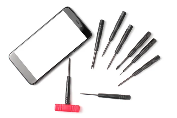 Smartphone White Screen Set Tools Repairing Complex Equipment Flat Lay — Stock Photo, Image