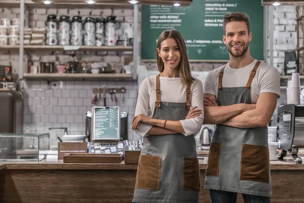 Portrait of successful business coffee shop owners indoors — Stock Photo, Image