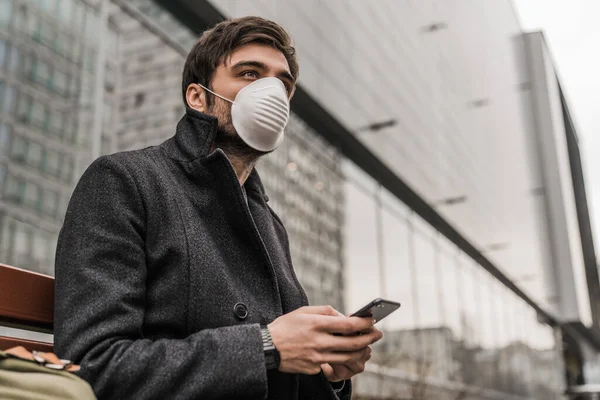 Handsome Man Sitting Bench Wears Mask Prevent Virus Protection While — Stock Photo, Image