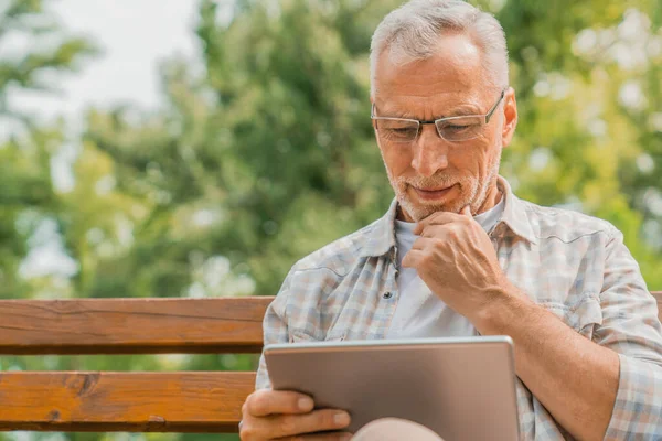 Handsome Mature Man Eyeglasses Using Digital Tablet Bench Park — Stock Photo, Image