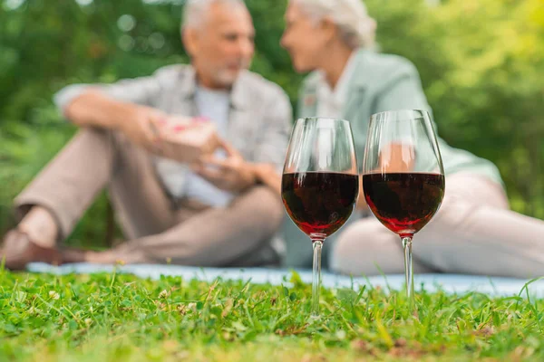 Casal Sênior Feliz Comemorando Parque Piquenique Com Presente Vinho Foco — Fotografia de Stock