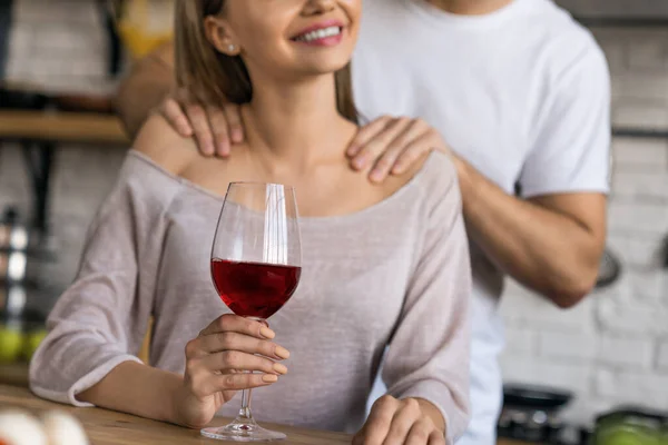 Cropped Shot Beautiful Girl Drinking Wine While Handsome Man Making — Stock Photo, Image