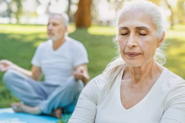 Parkta yoga. Nilüfer çiçeğinde oturan yaşlı çiftin yakın plan çekimi sakin ve meditasyonlu yeşil çimlerde poz verir.
