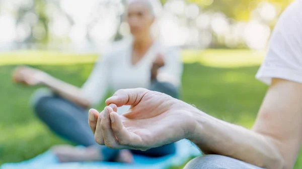 Yoga Parc Gros Plan Couple Personnes Âgées Assis Dans Pose — Photo
