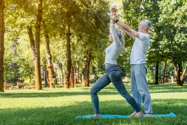 Couple Personnes Âgées Faisant Yoga Dans Parc Concept Santé — Photo