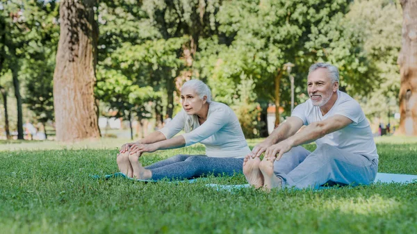 Pareja Mayor Estirándose Parque Haciendo Ejercicio Aire Libre — Foto de Stock