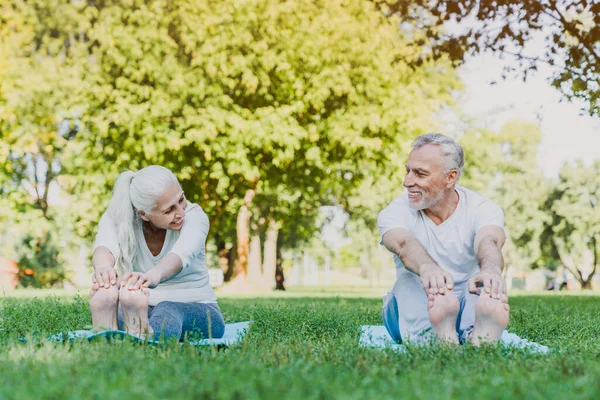 Tiro Frontal Pareja Mayor Estirándose Parque Ejercitándose — Foto de Stock