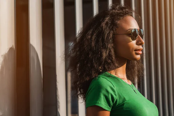 Dışarıdaki Duvarın Yanında Poz Veren Şık Afro Portreyi Kapatın — Stok fotoğraf