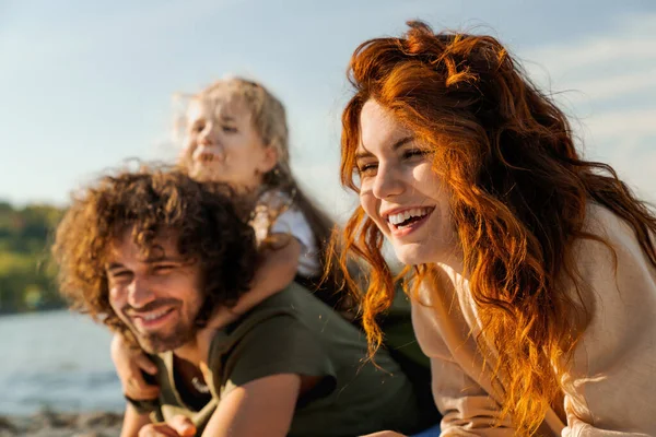 Close Happy Family Having Fun Relax Lying Blanket Sunny Beach — Stock Photo, Image