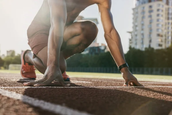 Cropped Shot Male African Sprinter Start Race Stadium — Stock Photo, Image