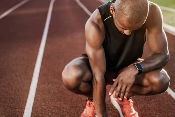 Tired African Male Athlete Finished Workout Resting While Sitting Racetrack — Stock Photo, Image