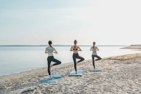 Vue Arrière Groupe Femmes Pratiquant Mode Vie Sain Yoga Sur — Photo