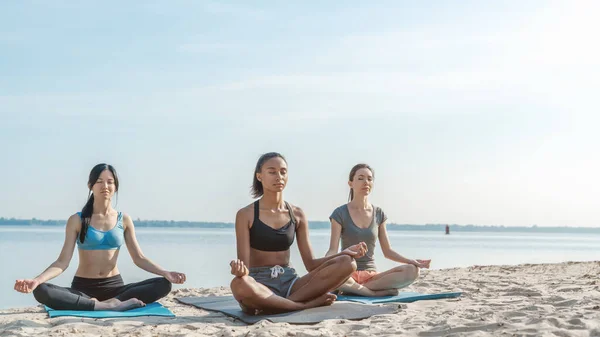 Yoga group sitting and meditates outdoor on the sunny beach