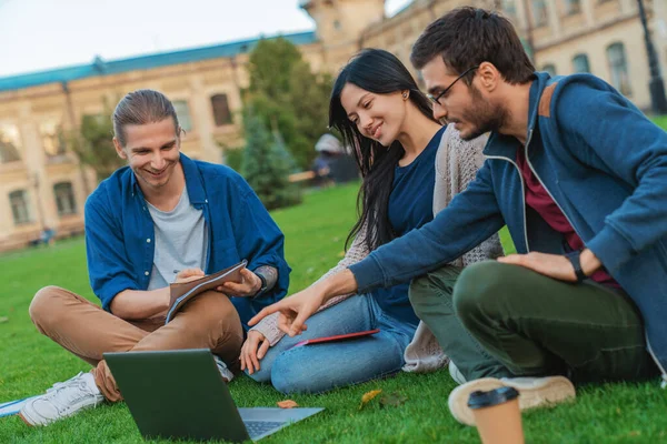 Grupo Estudantes Universitários Que Trabalham Fora Juntos — Fotografia de Stock