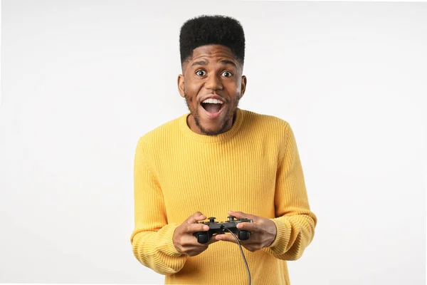 Afro Gamer Man Playing Video Game Using Joystick Isolated White — Stock Photo, Image
