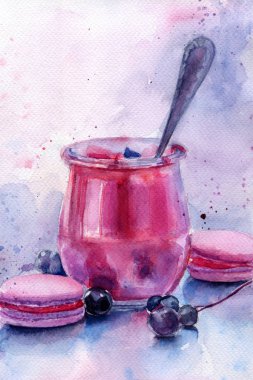 Reçelli cam kavanoz, kurabiyeler, üzümler, bir kaşık reçel. Suluboya çizimi