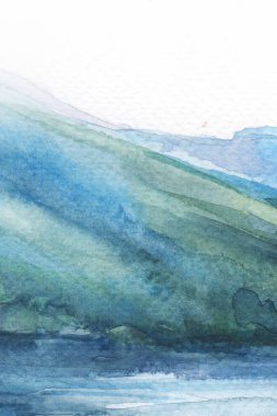 Deniz kıyısı. Dağlar. Suluboya arka plan. Sahil