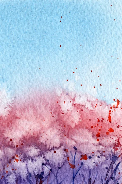 Pole Pampeliškami Akvarel Pozadí Léto Kapky Šplouchání Šplouchání Vody Modrá — Stock fotografie