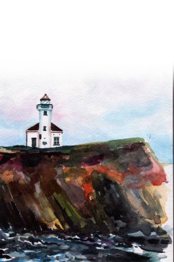 Sahildeki ev. Deniz. Suluboya. Geçmişi. manzara