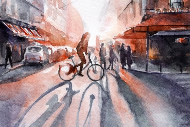 dawn in the city. cyclist. watercolor 