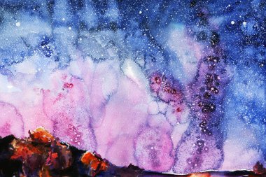 Gece manzarası. Uzay yıldızlı gökyüzü. Galaksi. Kağıt üzerinde resim. suluboya arkaplan