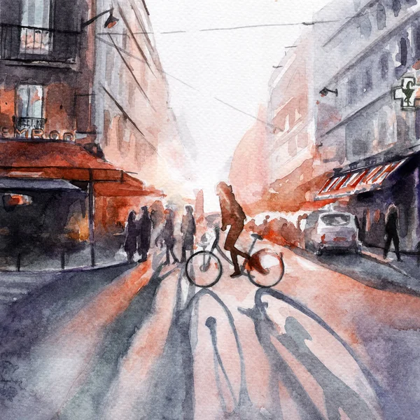 Dawn City Cyclist Watercolor — ストック写真