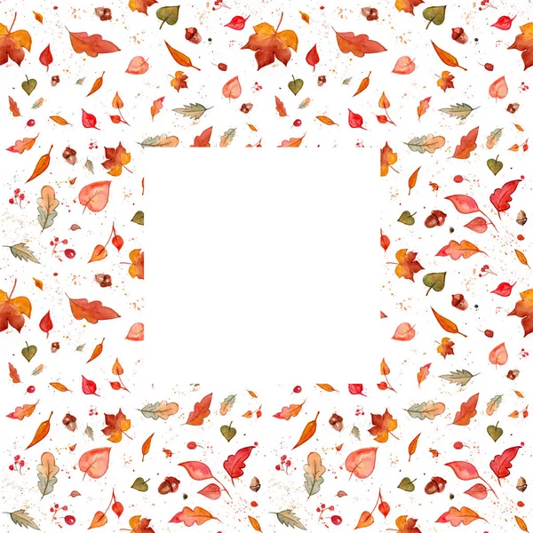 Autumn Leaves Background Acorns Watercolor Frame — Stock Photo, Image