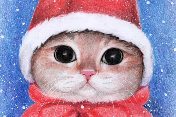 Noel Baba şapkalı kedi. Noel zamanı. Yeni yıl. Renkli kalemlerle illüstrasyon. kar