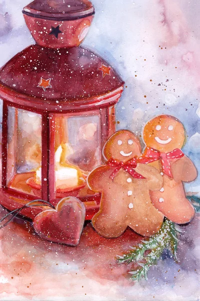 lantern, candle, gingerbread. heart shape New year illustration. winter composition. tree snow. watercolor