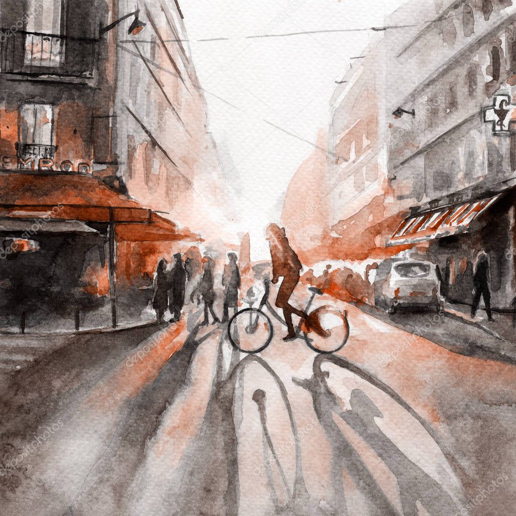 dawn in the city. cyclist. watercolor 