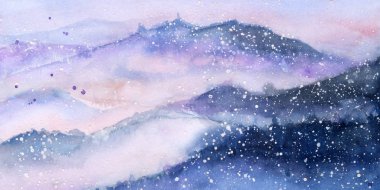 Sisin içindeki orman. Tepeler. Mavi gökyüzü. Suluboya. Kar. kış