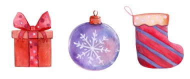 Yeni yıl seti. Çorap. Noel ağacında bir top. Kar tanesi. Noel zamanı. Mutlu noeller. hediye ve selamlama suluboya çizimi