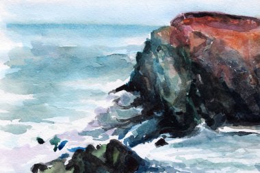Deniz kıyısı suluboya. Sörf. Deniz köpüğü. Okyanus. taşlar